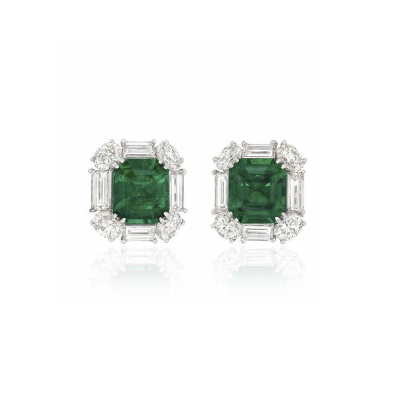 Platinum emerald and diamond earrings