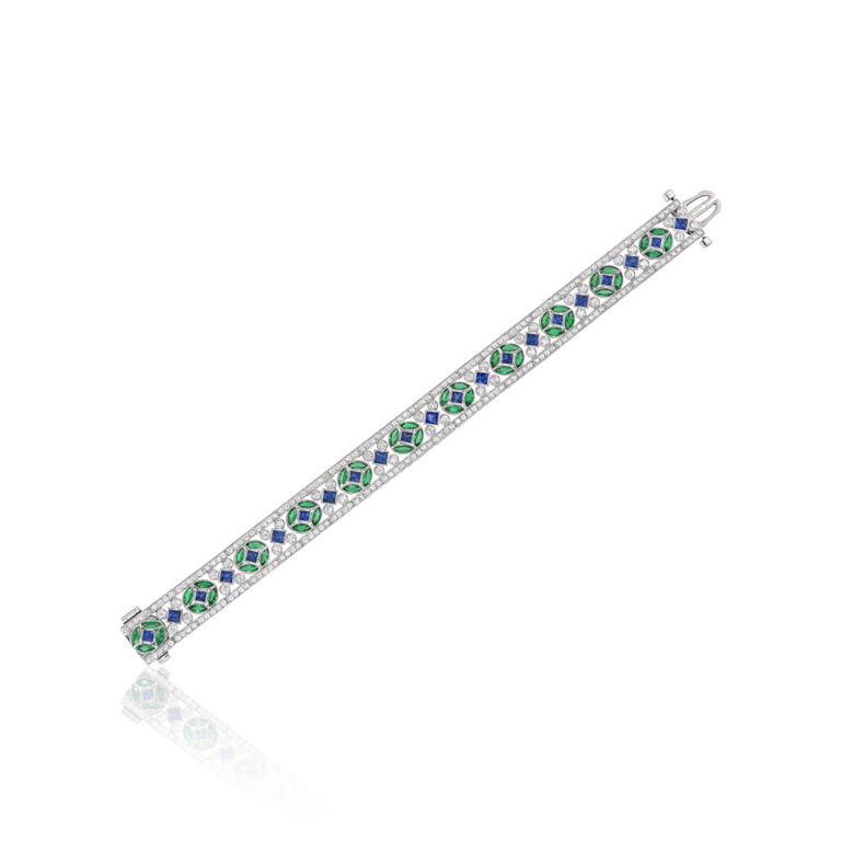 Platinum sapphire, emerald and diamond bracelet