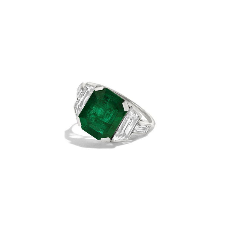 Platinum emerald and diamond ring