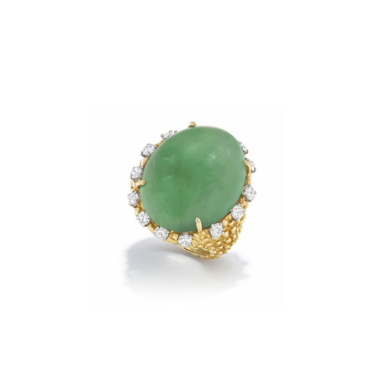 18k yellow gold and platinum jade and diamond ring