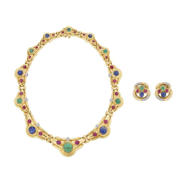 18k yellow gold and platinum multi-gem and diamond jewelry