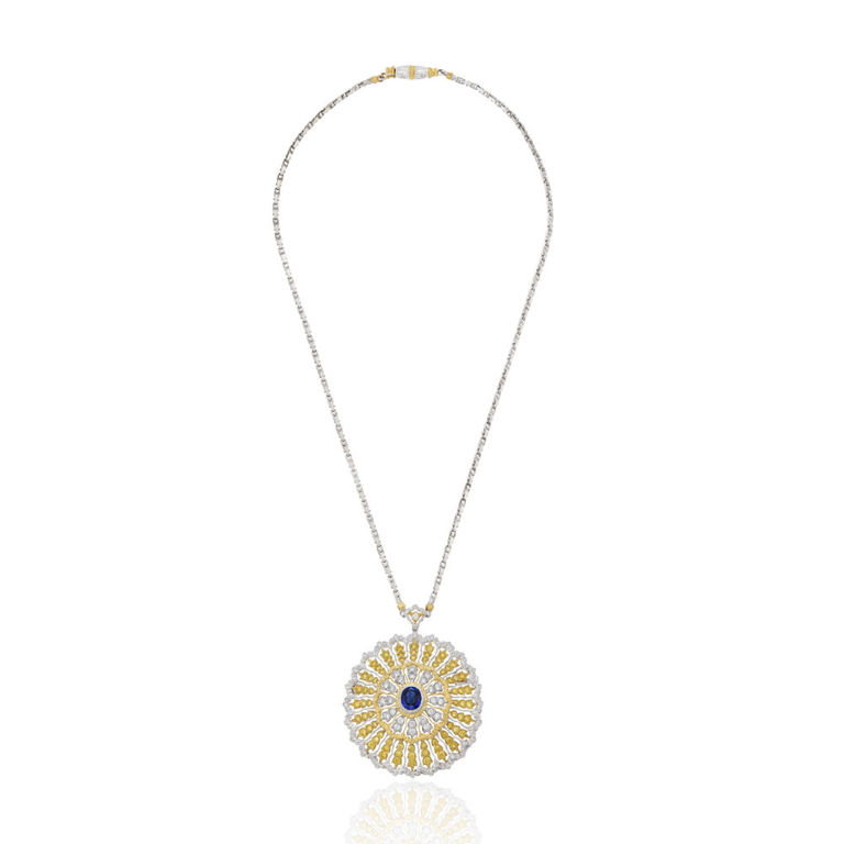 18k white and yellow gold sapphire and diamond pendant-brooch on necklace
