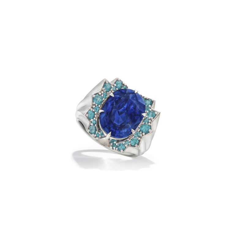 18k white gold sapphire and tourmaline ring