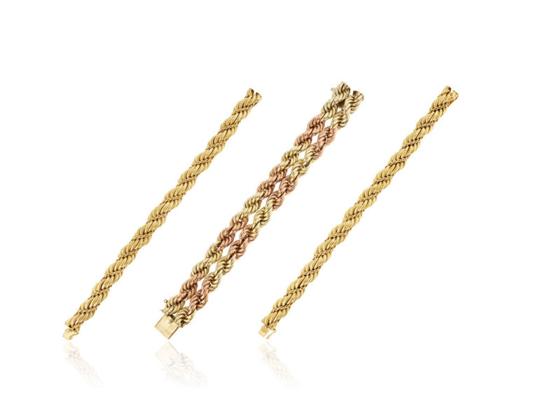 14k rose and yellow gold bracelet and two 18k yellow gold bracelets