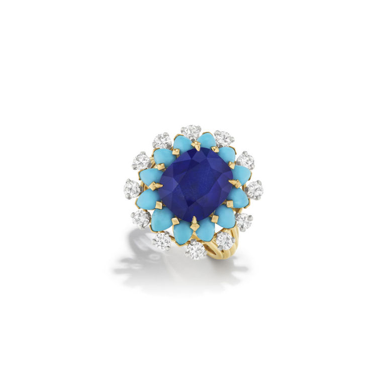 18k yellow gold and platinum sapphire, turquoise and diamond ring