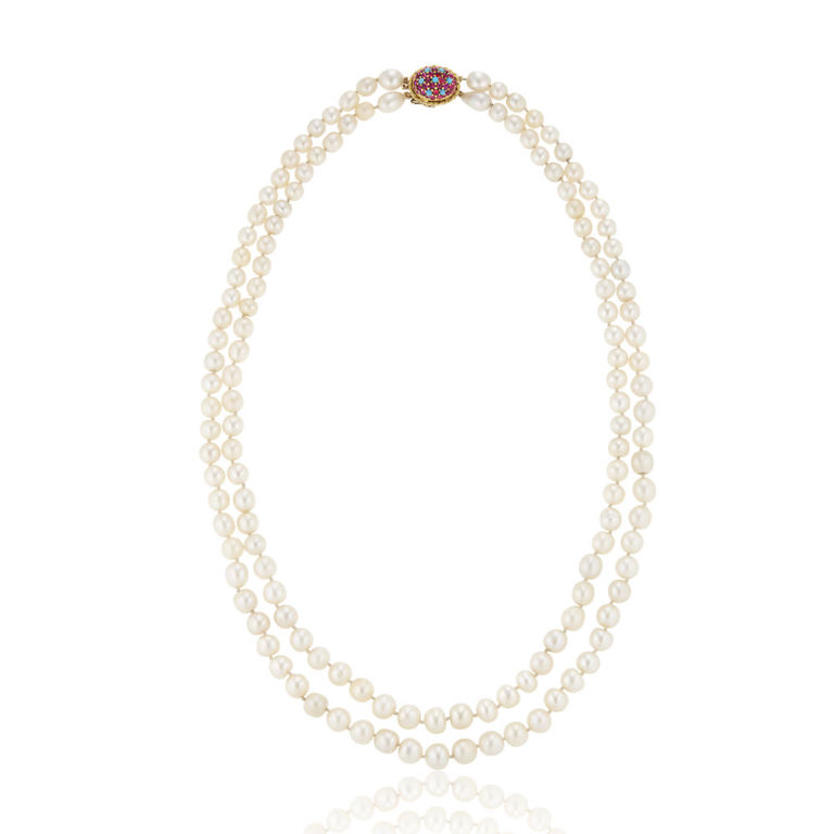 Yellow gold natural pearl, ruby and turquoise necklace