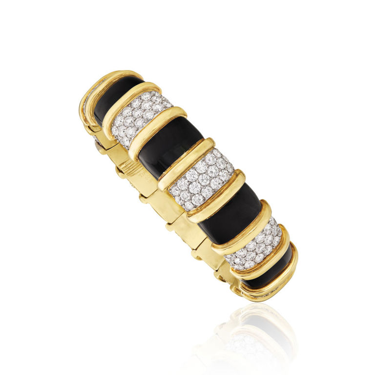 18k yellow gold and platinum diamond and enamel bangle bracelet