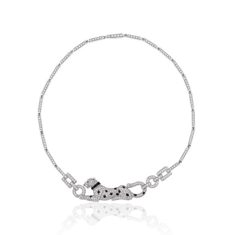 18k white gold diamond, onyx and emerald panther necklace