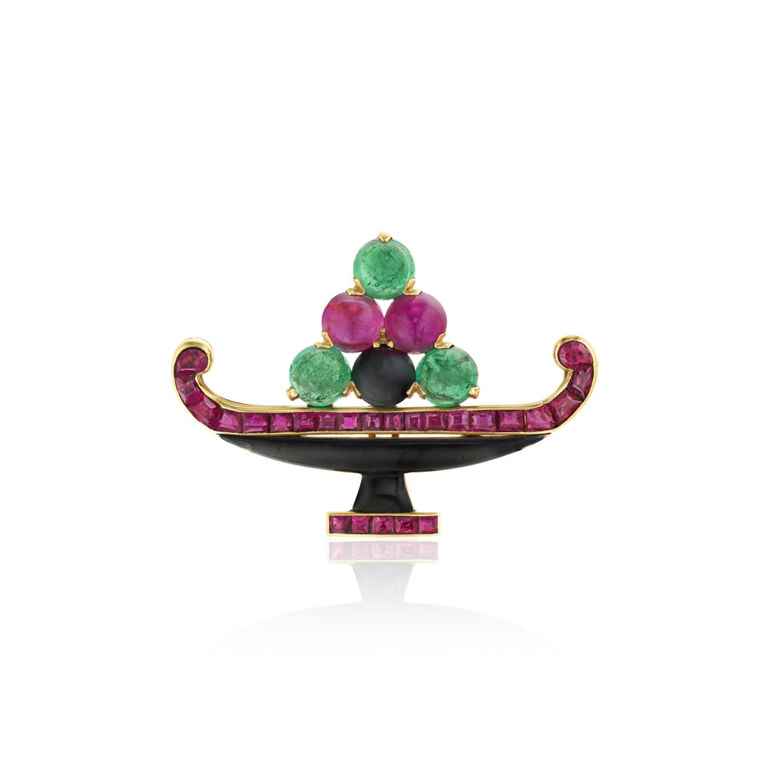 18k yellow gold multi-gem and enamel fruit bowl brooch