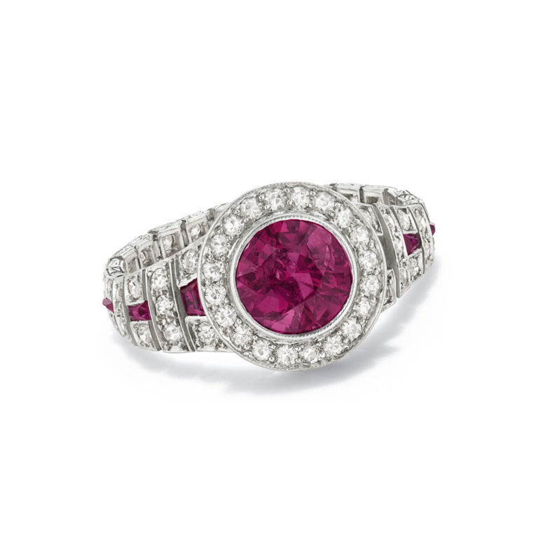 Platinum ruby and diamond ring