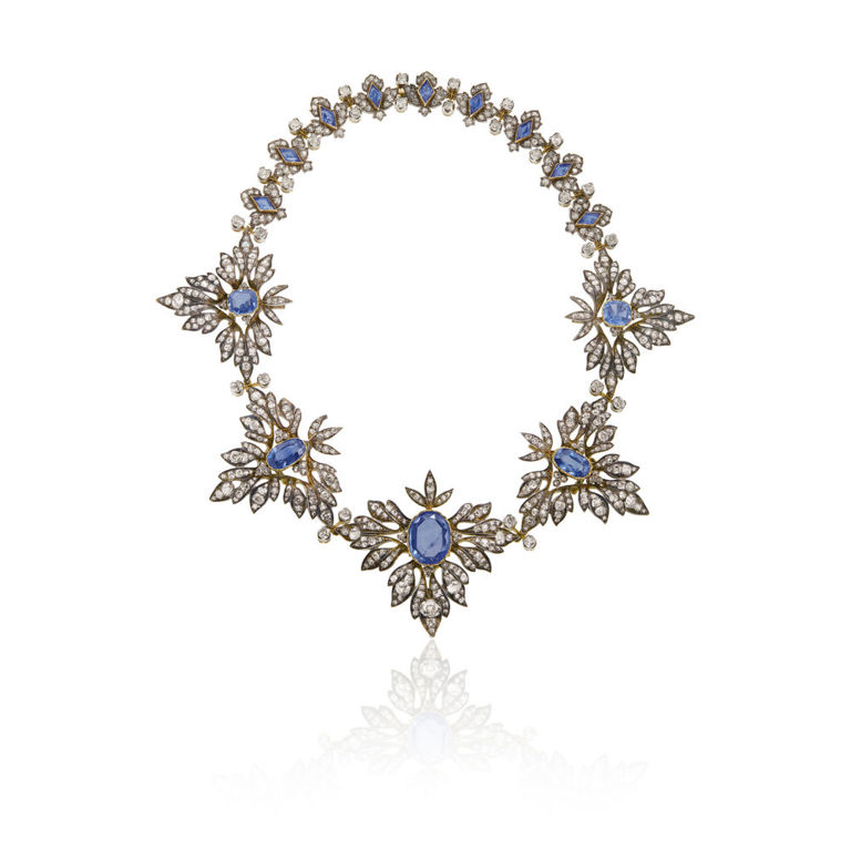 Yellow gold sapphire and diamond necklace
