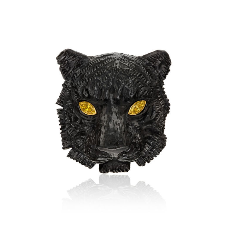 18k yellow gold diamonds and jasper black cat brooch