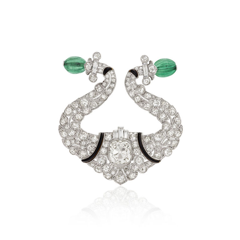 Platinum diamond, emerald and enamel brooch