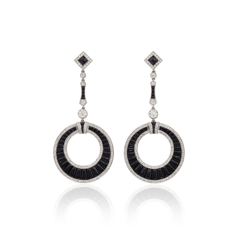 Platinum onyx and diamond earrings