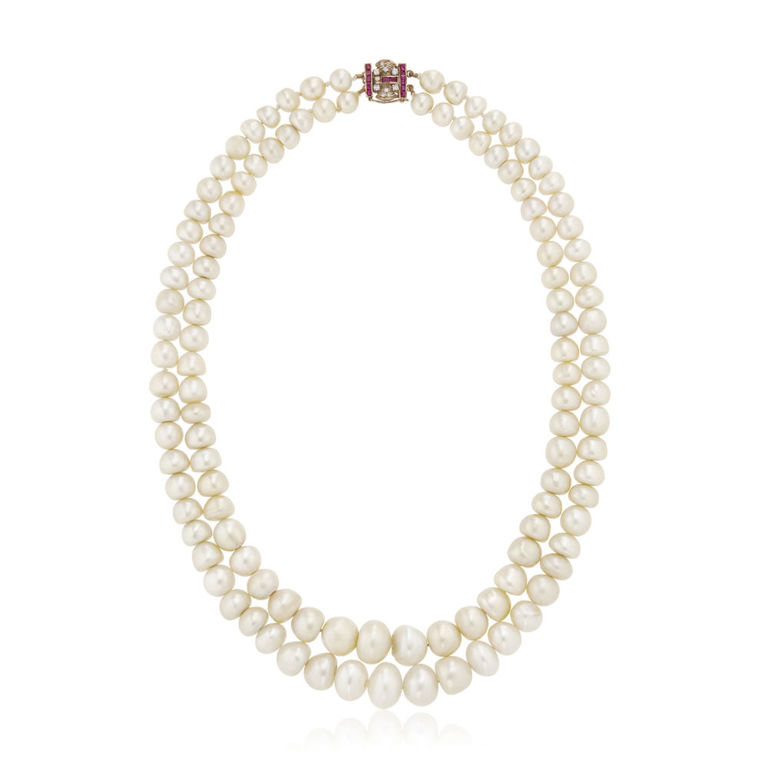 Yellow gold pearl, ruby and diamond necklace