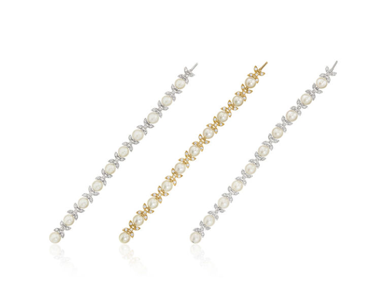 Three 18k white and yellow gold cultured pearl and diamond bracelets