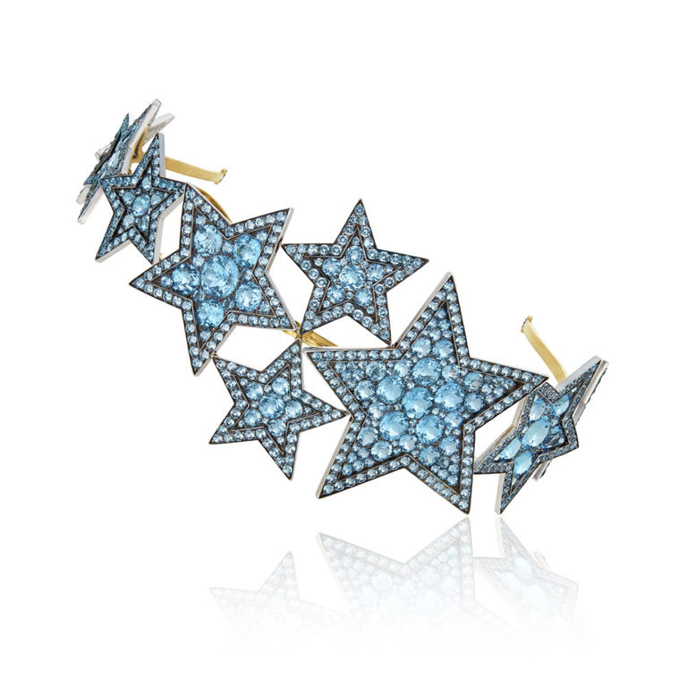 18k yellow gold and silver blue topaz tiara