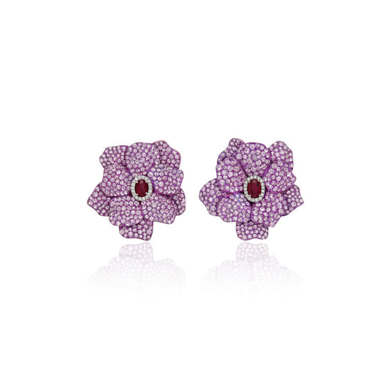 White gold ruby, colored sapphire and diamond flower earrings