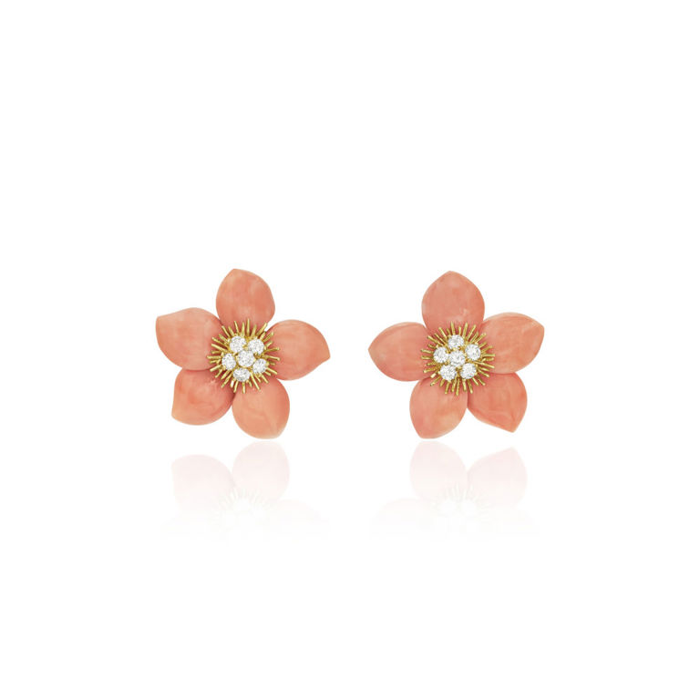 18k yellow gold coral and diamond flower earrings