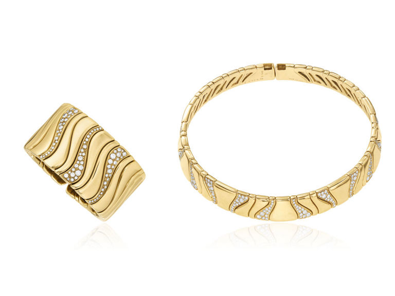 18k yellow gold diamond choker necklace and cuff bracelet
