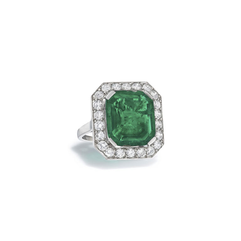 Platinum emerald and diamond ring