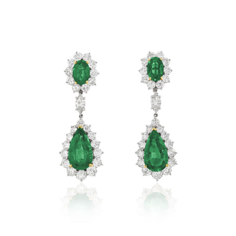 Platinum and yellow gold emerald and diamond earrings