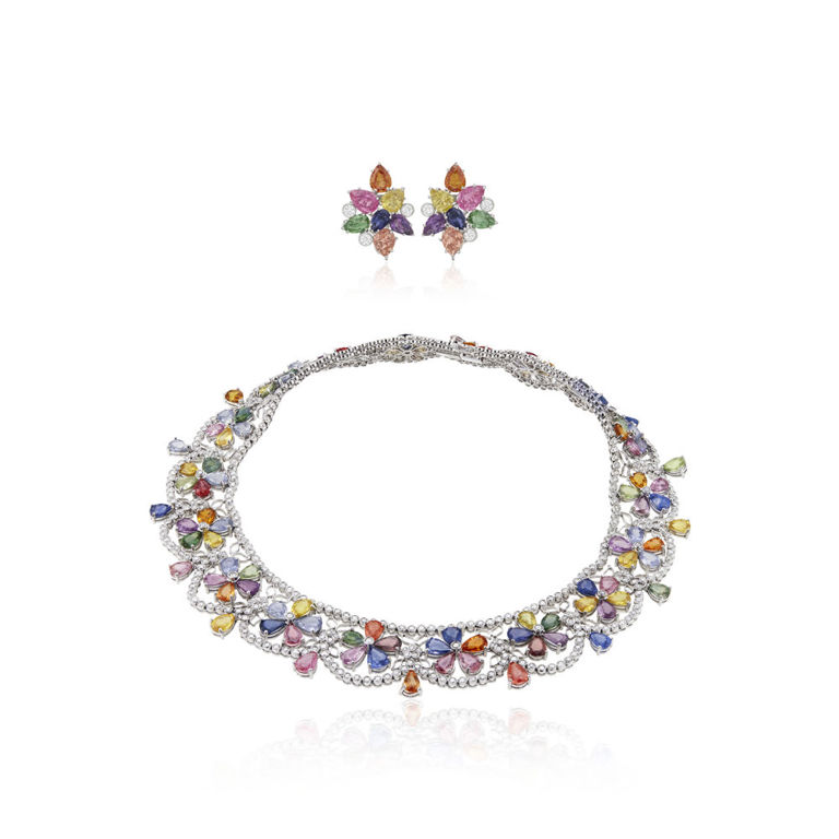 White gold multi-colored sapphire and diamond jewelry