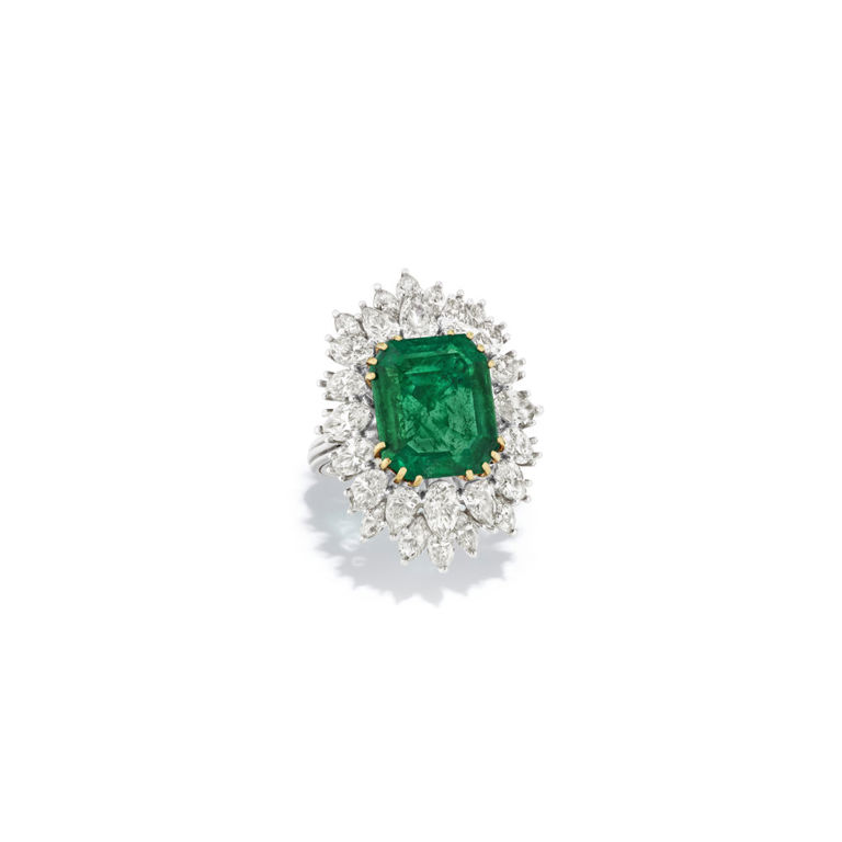 Platinum and yellow gold emerald and diamond ring