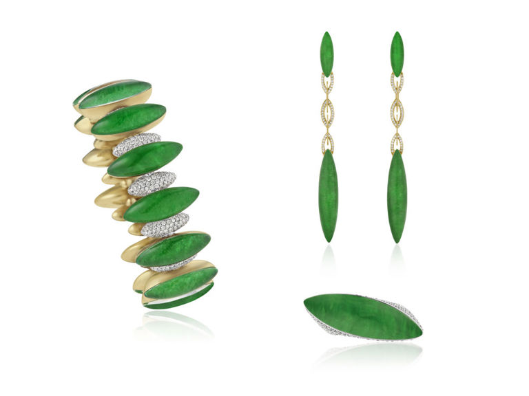 18k yellow and white gold diamond, rock crystal and jade jewelry