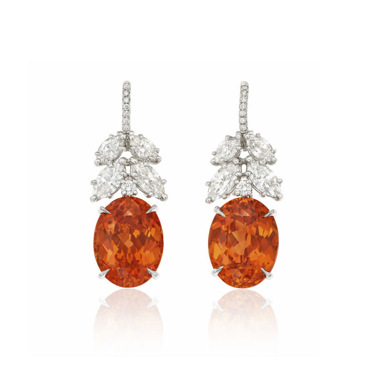 Platinum spessartite garnet and diamond earrings