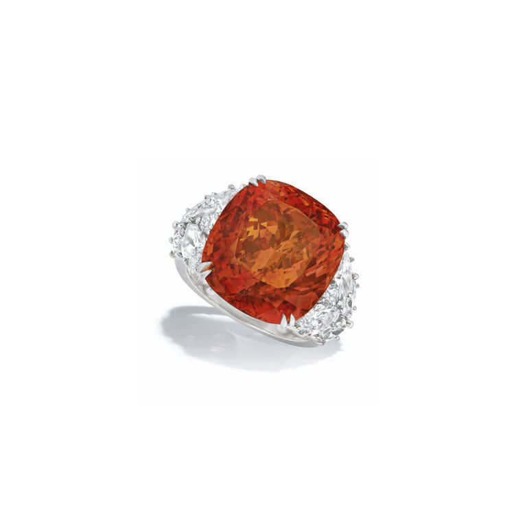 Platinum spessartite garnet and diamond ring