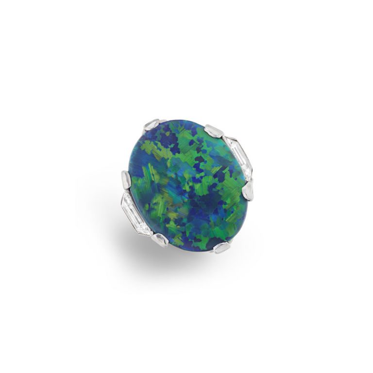 Platinum black opal and diamond ring