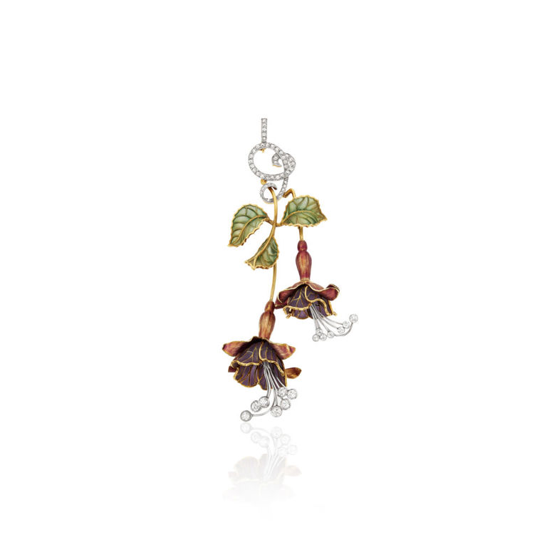 18k yellow gold plique-a-jour enamel and diamond flower pendant