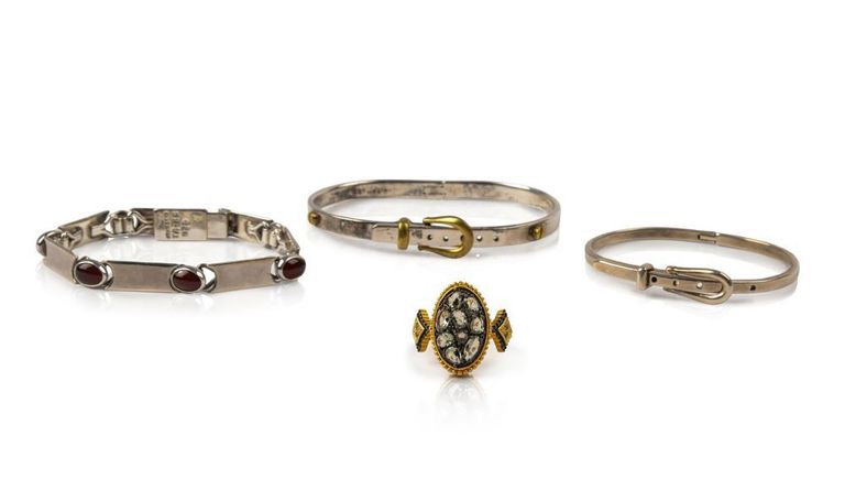 Three sterling silver bracelets and a Freida Rothman ring