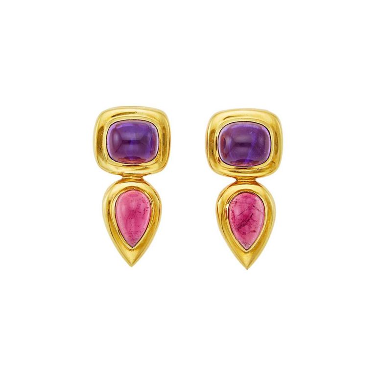 18k gold pendant-earclips with amethyst and pink tourmaline