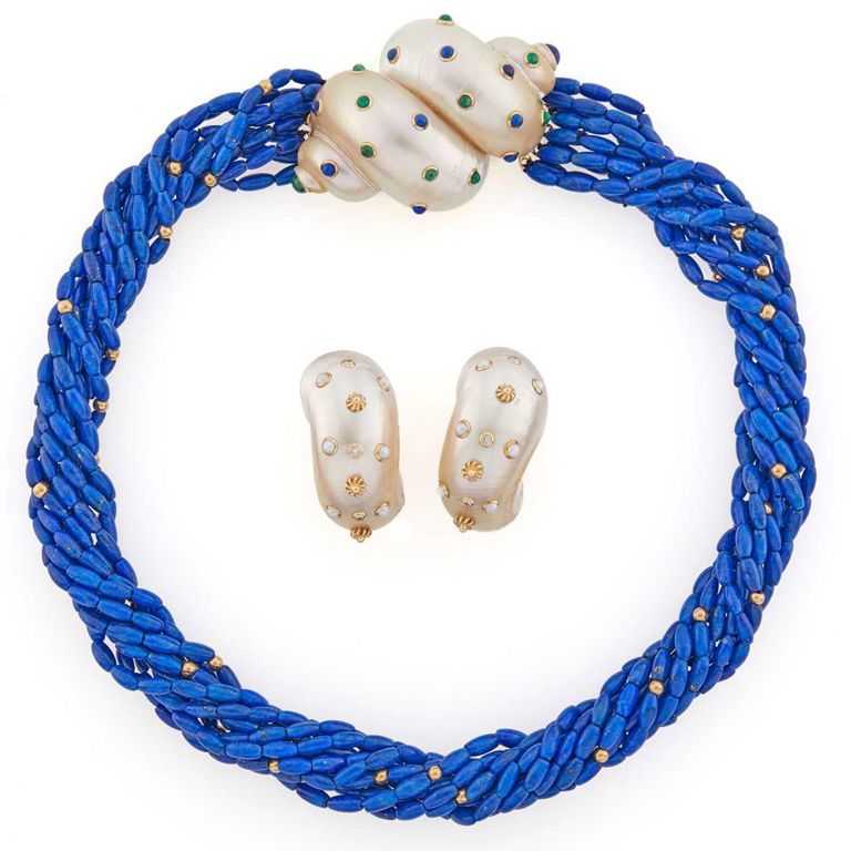 14k gold lapis torsade necklace and shell diamond earclips