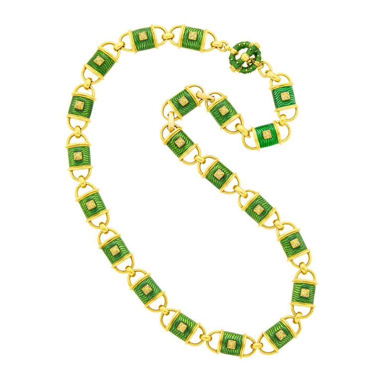 18k gold link necklace with green enamel and diamond