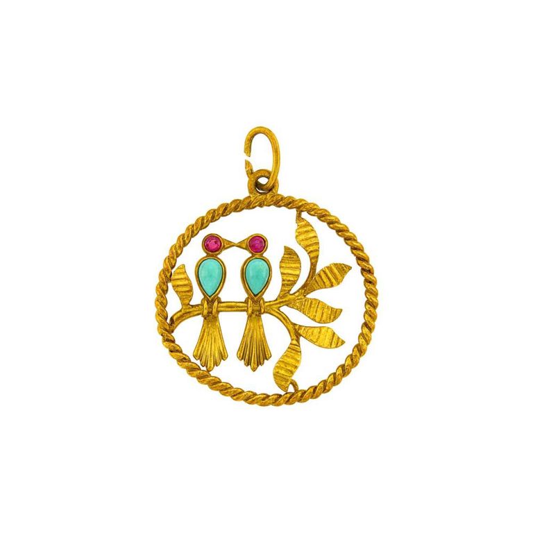 Van Cleef & Arpels 18k gold pendant with turquoise and ruby lovebirds