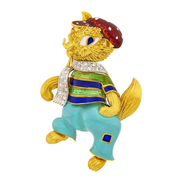 Two-color gold clip-brooch with enamel and diamond cat