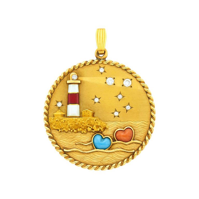 Cartier 14k gold pendant with coral, turquoise, enamel and diamond