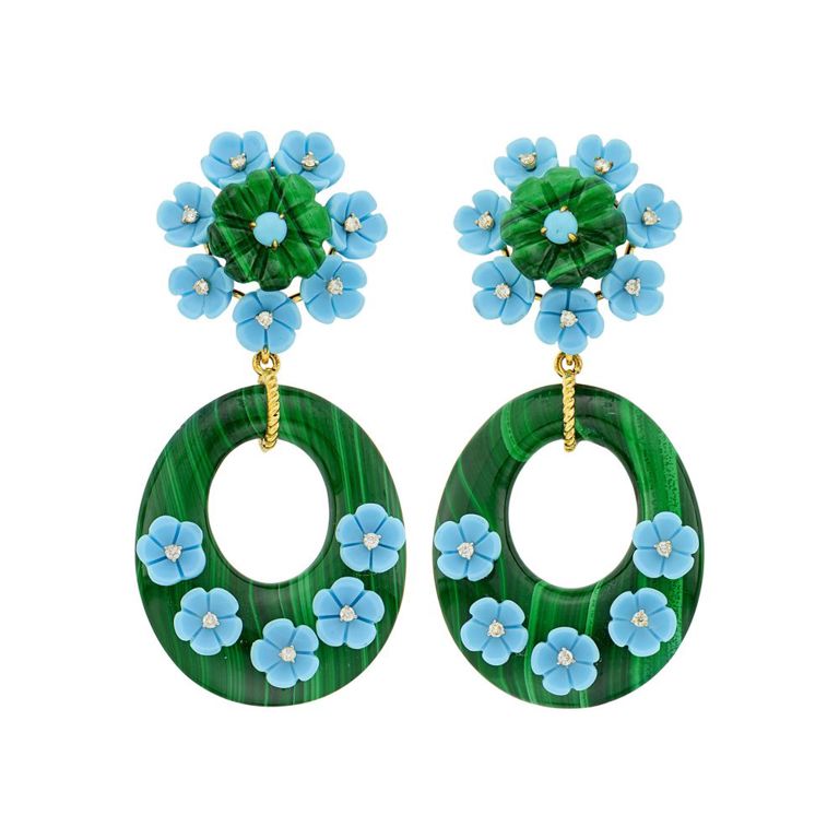 18k gold pendant-earclips with malachite carved turquoise, and diamond