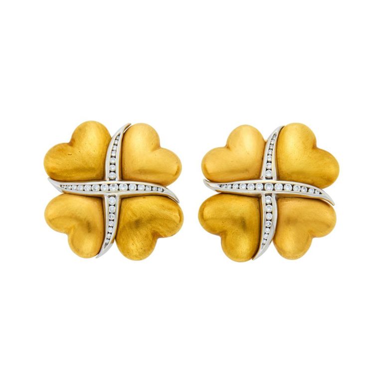 18k two-color gold earclips with diamonds