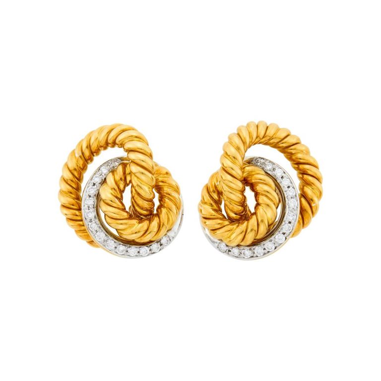 18k two-color gold fluted circle link earclips with diamonds