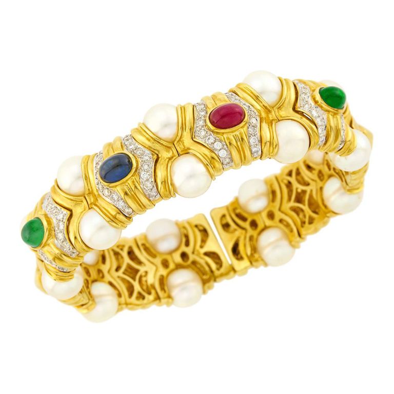 18k gold cultured pearl cabochon gemstone diamond bracelet