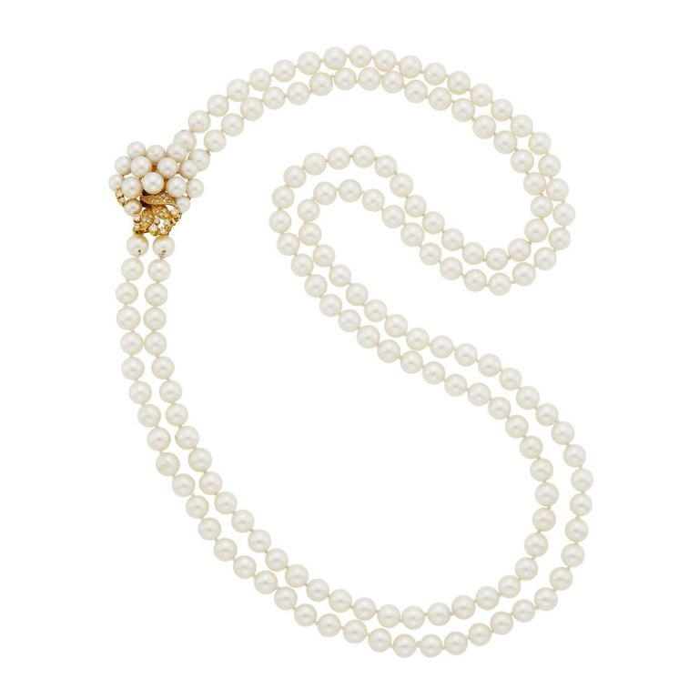 18k gold double strand cultured pearl necklace with diamond clasp