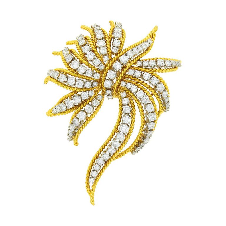 Van Clief gold and platinum ribbon spray brooch with diamonds