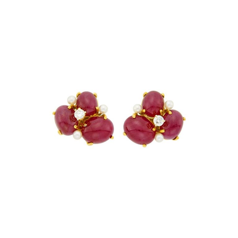 18k gold Seaman Schepps ruby diamond and pearl 'bubble' earrings