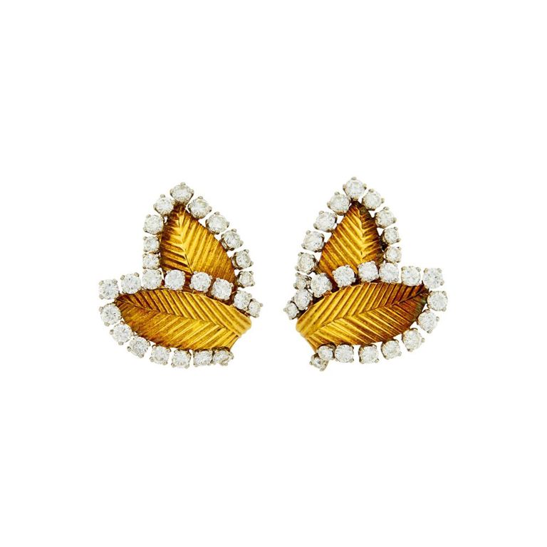18k gold and platinum leaf earclips with diamonds