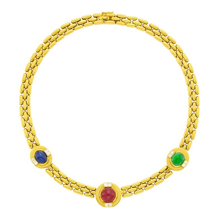 18k gold cabochon ruby sapphire emerald diamond bar link necklace