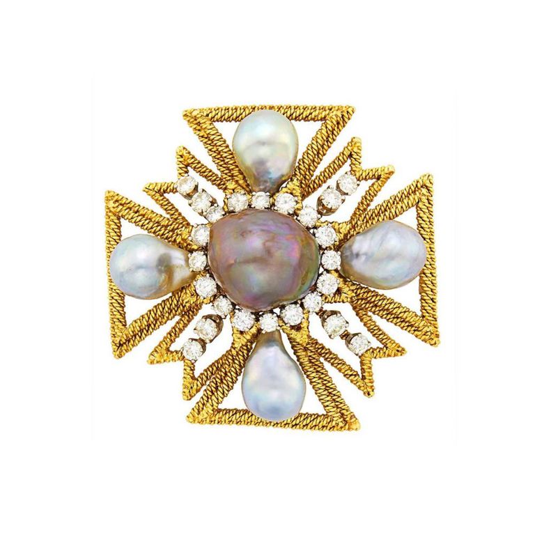 Gold and platinum Maltese cross clip-brooch